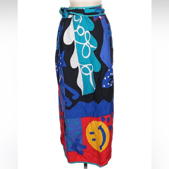Vintage 80s Jeanne Marc Wrap Midi Maxi Skirt Happy Face Abstract Design sz Small - Picture 2 of 4
